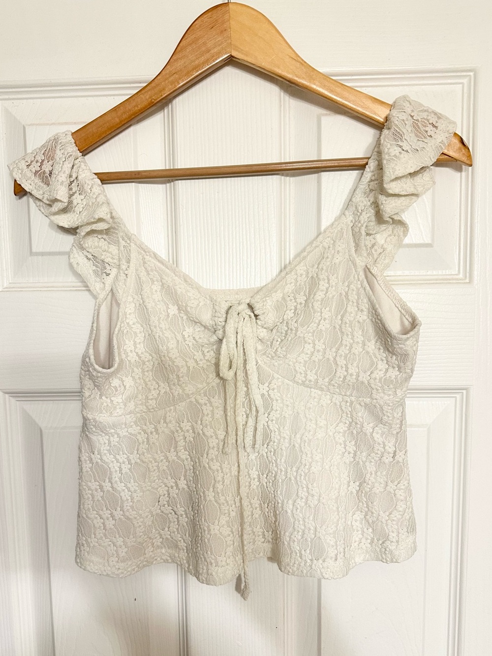 Ivory Y2K Coquette Floral Lace Babydoll Tie Front Cropped Flutter Sleeve Tank M